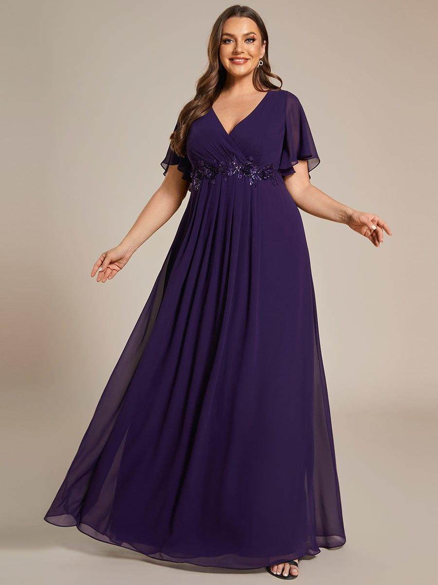Plus Size V-Neck Waist Applique Chiffon Formal Evening Dress
