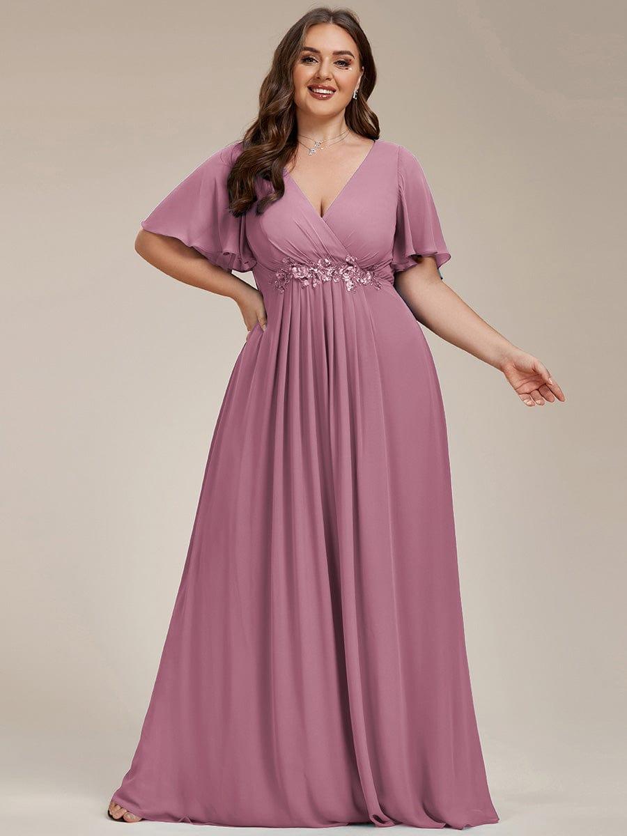 Plus Size V-Neck Waist Applique Chiffon Formal Evening Dress
