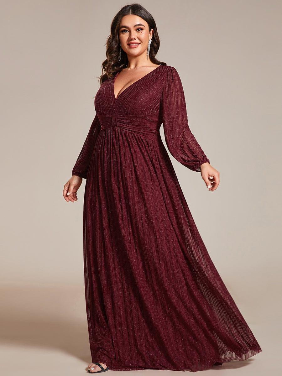 Plus Size Glitter V-Neck Empire Waist Ruched A-Line Evening Dress