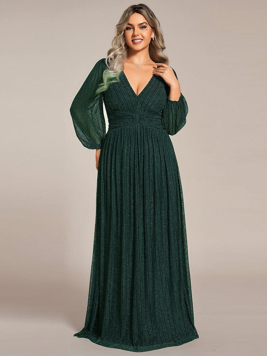 Plus Size Glitter V-Neck Empire Waist Ruched A-Line Evening Dress