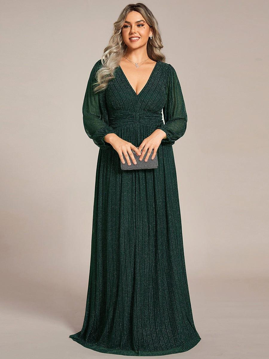 Plus Size Glitter V-Neck Empire Waist Ruched A-Line Evening Dress