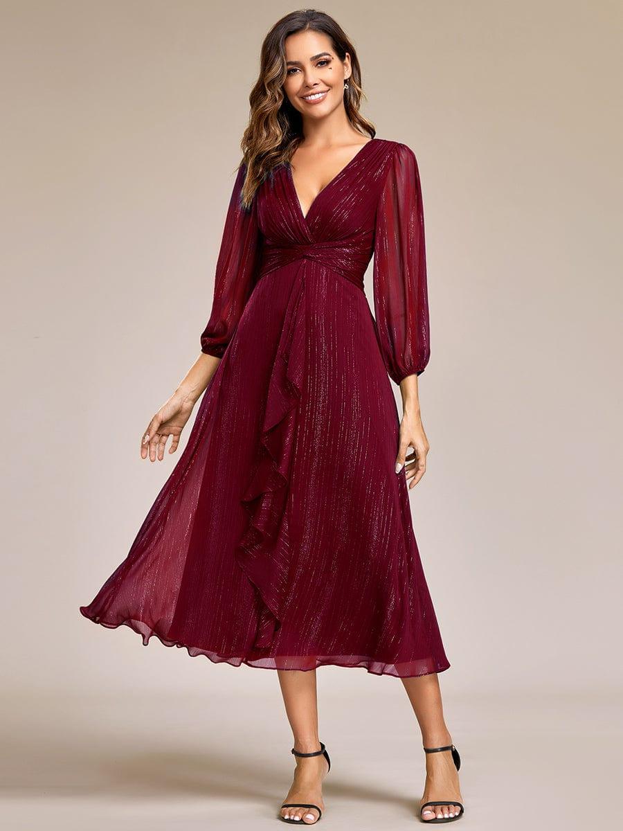 Glitter Champagne Ruffle Evening Dress with Long Sleeve #color_Burgundy