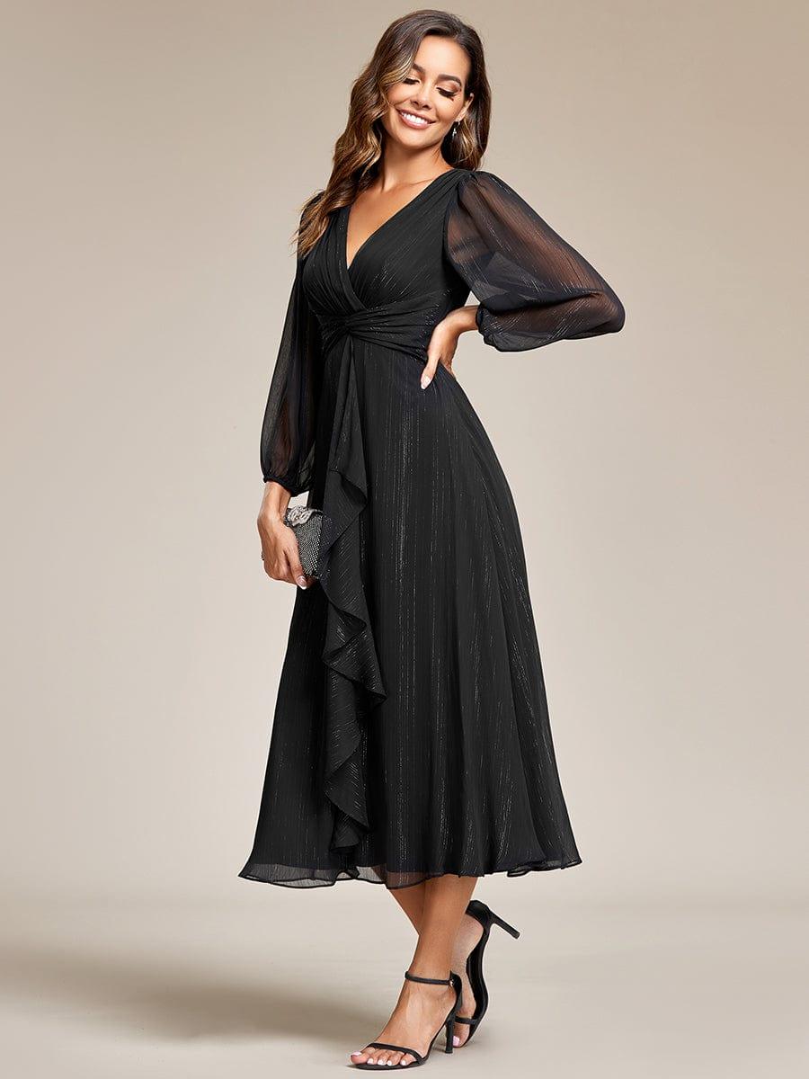Glitter Champagne Ruffle Evening Dress with Long Sleeve #color_Black