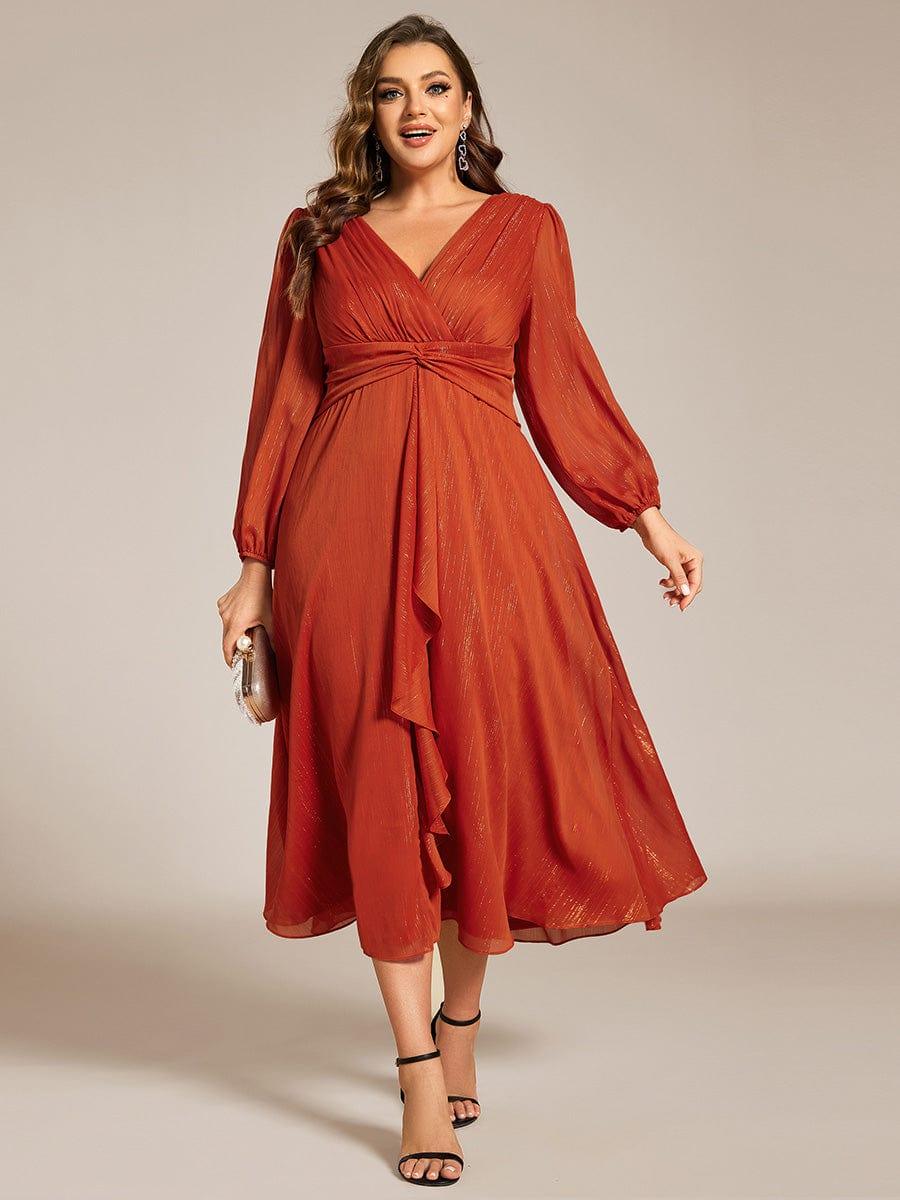 Elegant Sky Blue V-Neck Twist Knot Sleeve Formal Dress #color_Burnt Orange