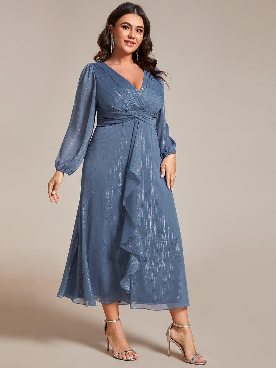 Plus Size V-Neck Twist Knot Formal Dress with Long Sleeves