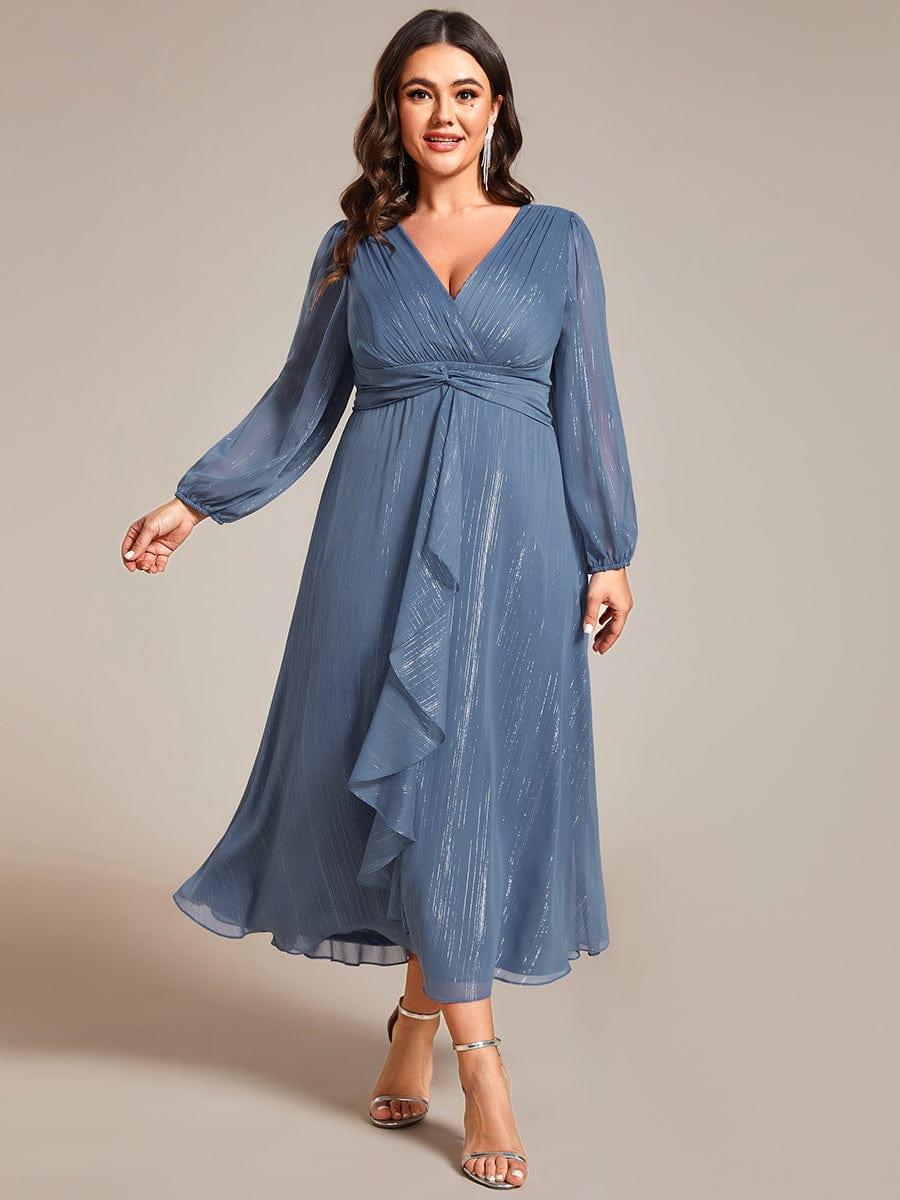 Plus Size V-Neck Twist Knot Formal Dress with Long Sleeves