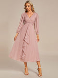 Glitter Champagne Ruffle Evening Dress with Long Sleeve #color_Dusty Rose