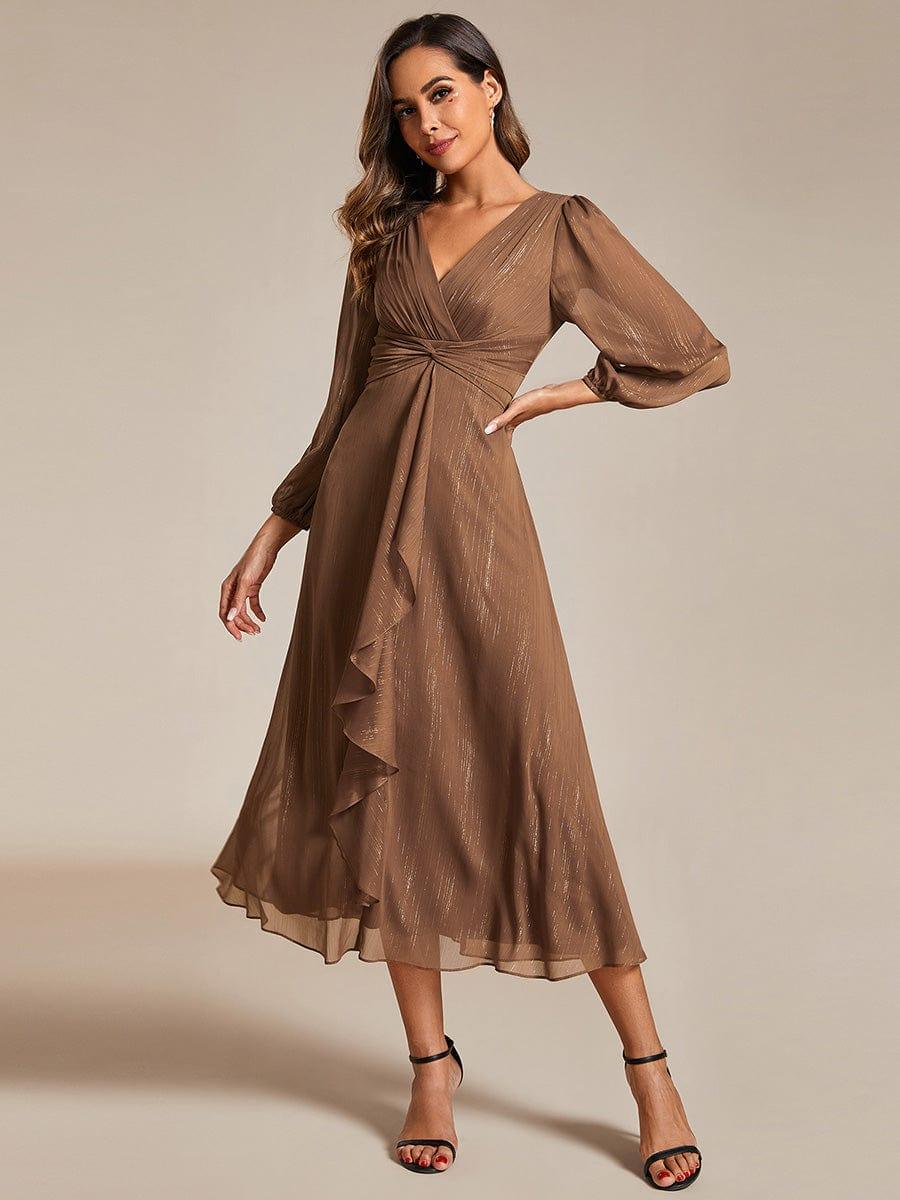 Glitter Champagne Ruffle Evening Dress with Long Sleeve #color_Brown
