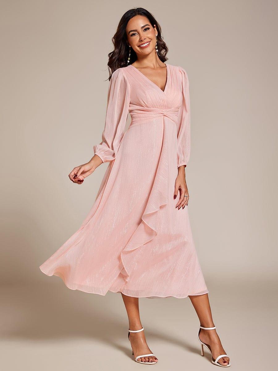 Elegant Sky Blue V-Neck Twist Knot Sleeve Formal Dress #color_Pink