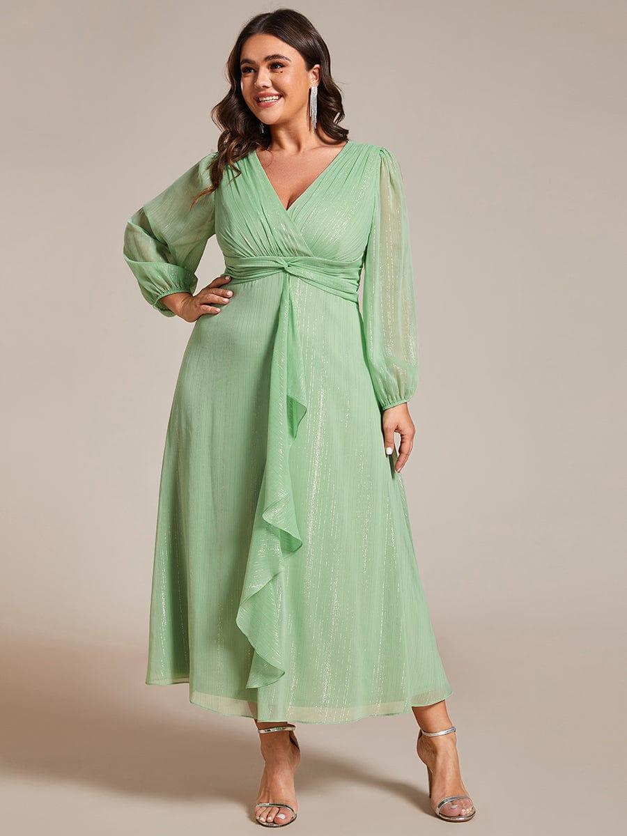 Plus Size V-Neck Twist Knot Formal Dress with Long Sleeves