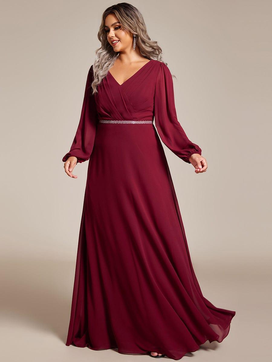 Plus Size V-Neck Chiffon A-Line Evening Dress with Long Sleeves