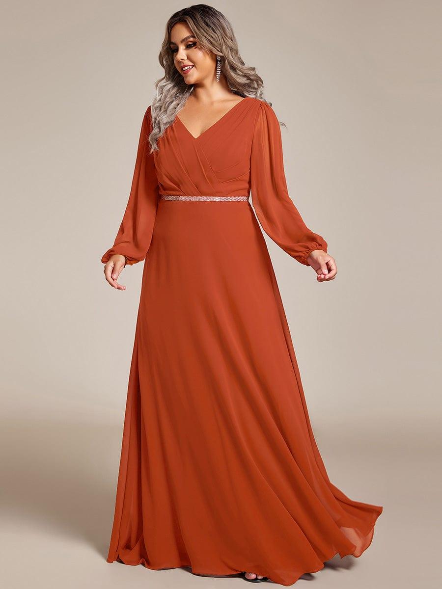 Plus Size V-Neck Chiffon A-Line Evening Dress with Long Sleeves