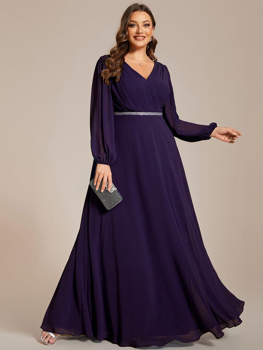 Plus Size V-Neck Chiffon A-Line Evening Dress with Long Sleeves