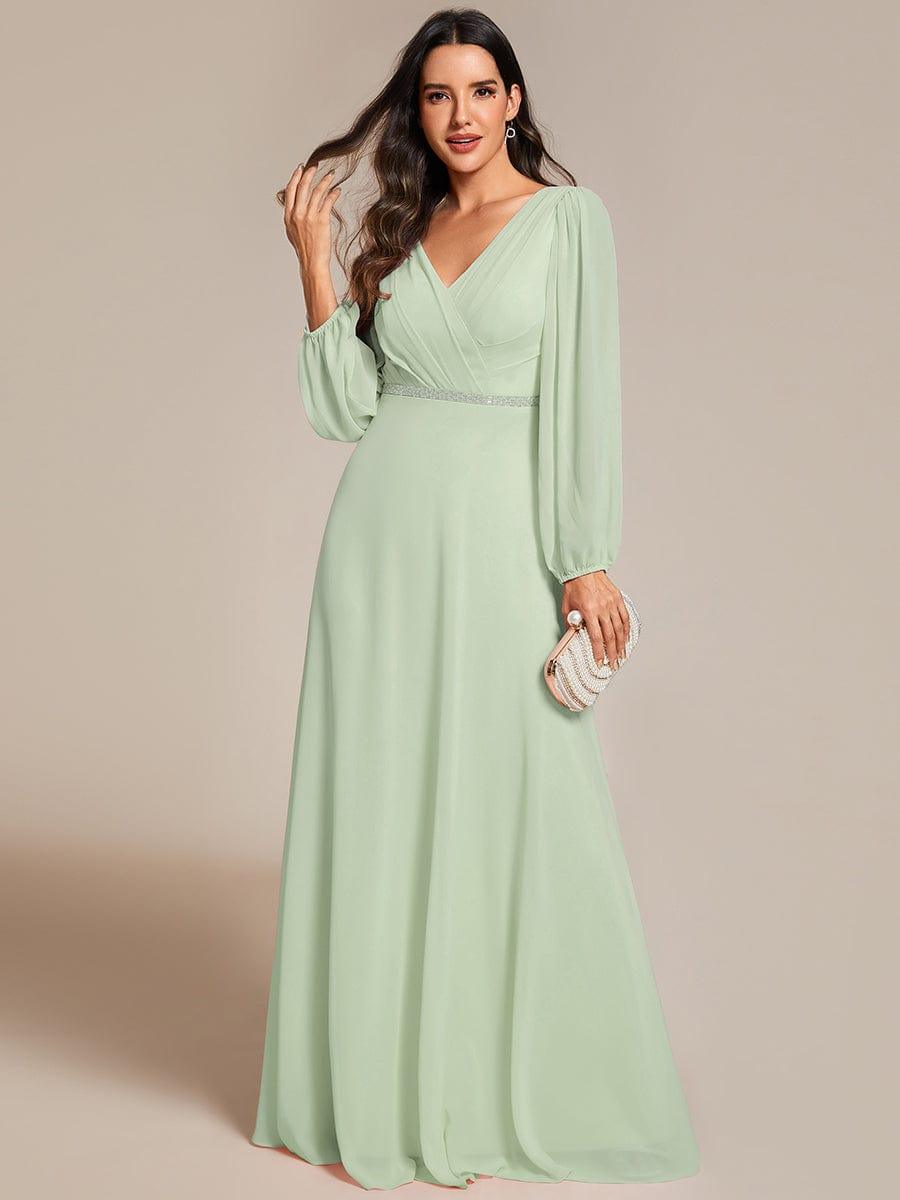 Plus Size V-Neck Chiffon A-Line Evening Dress with Long Sleeves