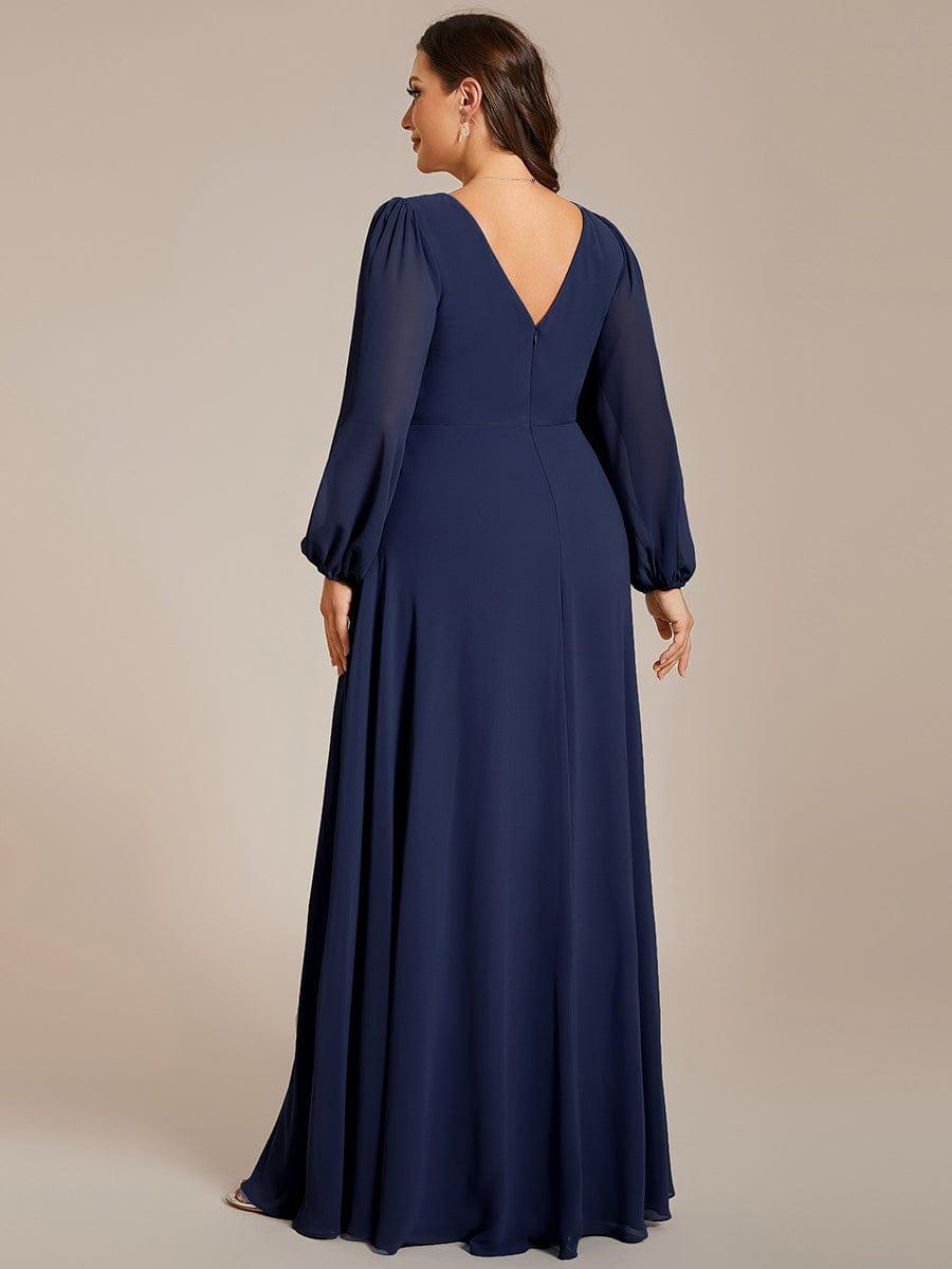Plus Size V-Neck Chiffon A-Line Evening Dress with Long Sleeves