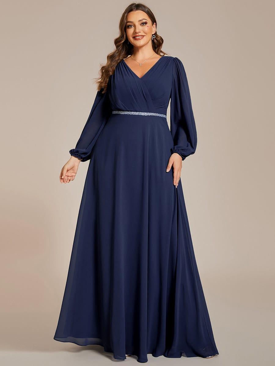 Plus Size V-Neck Chiffon A-Line Evening Dress with Long Sleeves