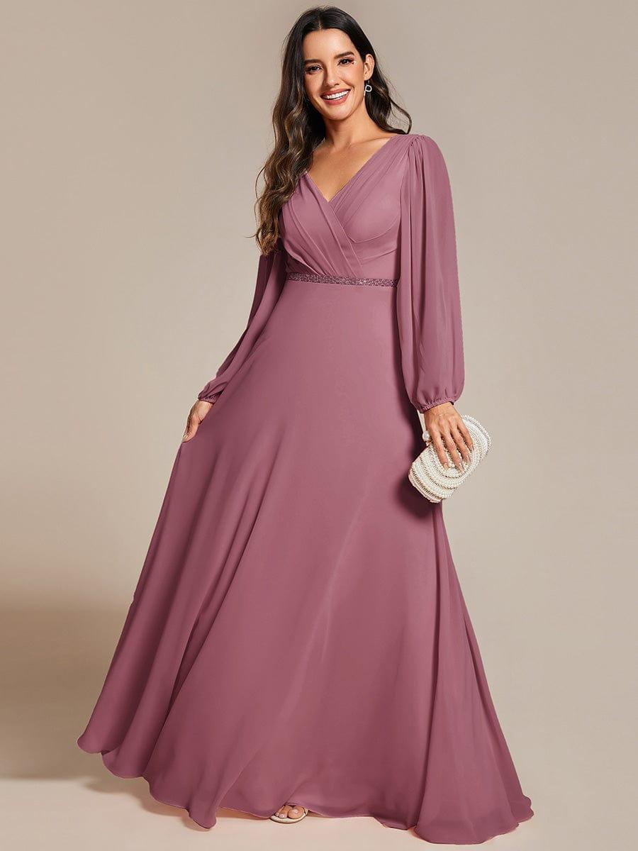 Plus Size V-Neck Chiffon A-Line Evening Dress with Long Sleeves