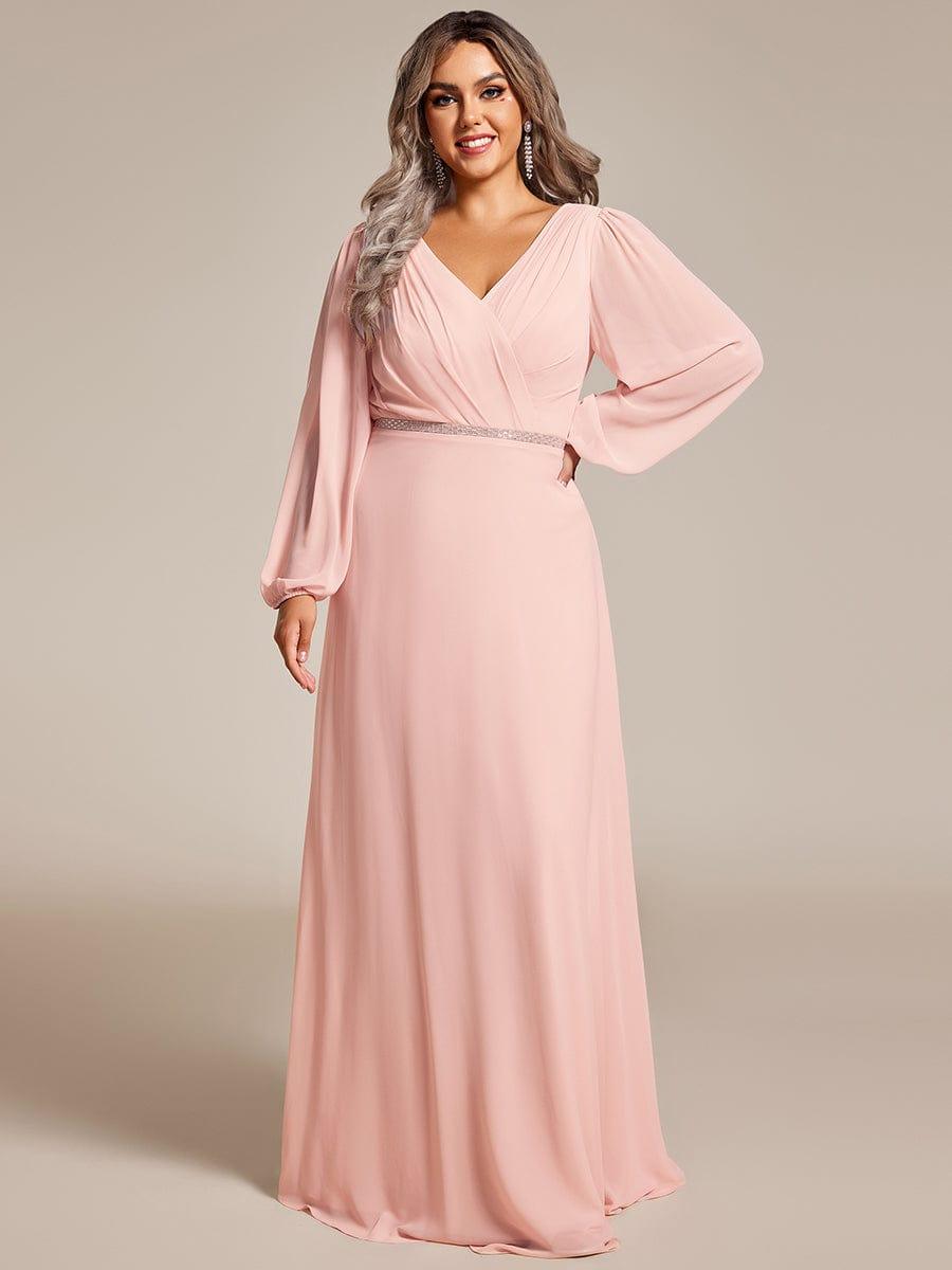 Plus Size V-Neck Chiffon A-Line Evening Dress with Long Sleeves