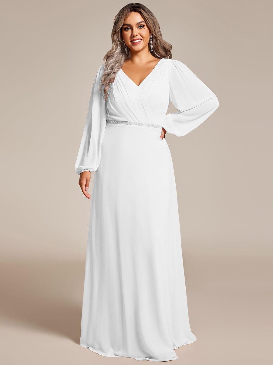 Plus Size V-Neck Chiffon A-Line Evening Dress with Long Sleeves