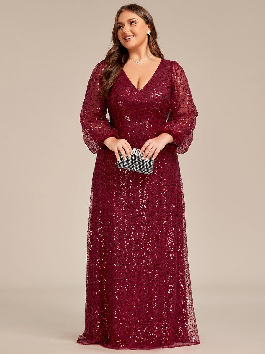 Plus Size V-Neck Sequin Evening Dress with Lantern Sleeves