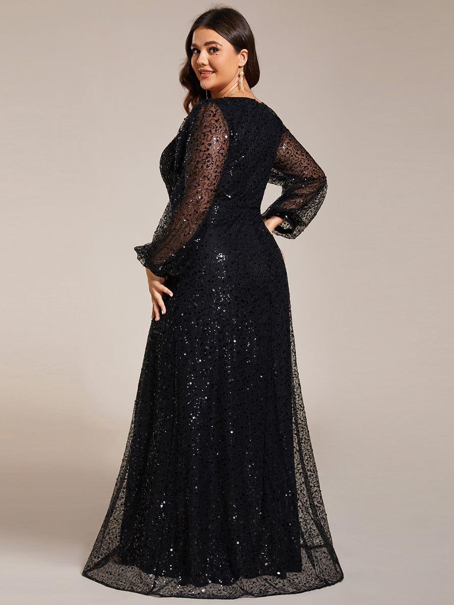 Plus Size V-Neck Sequin Evening Dress with Lantern Sleeves