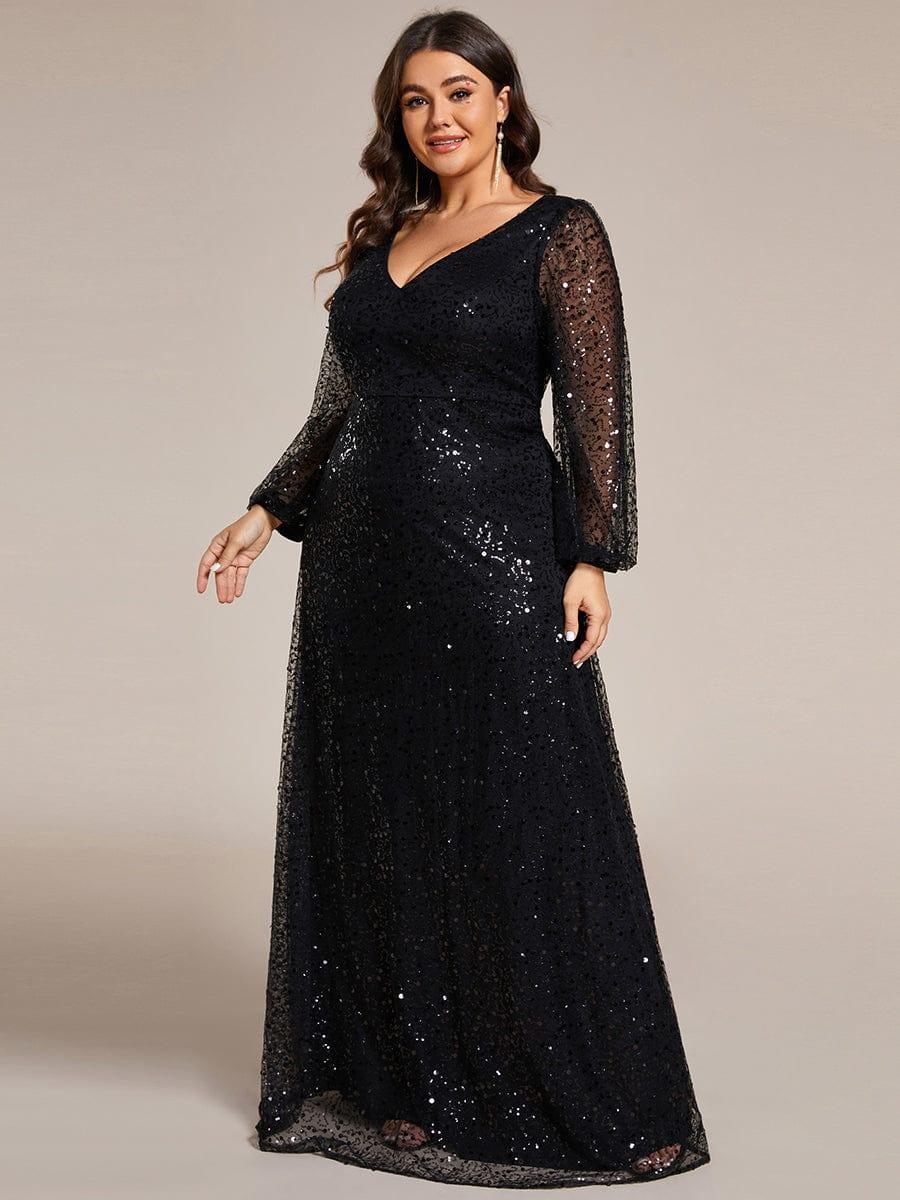 Plus Size V-Neck Sequin Evening Dress with Lantern Sleeves