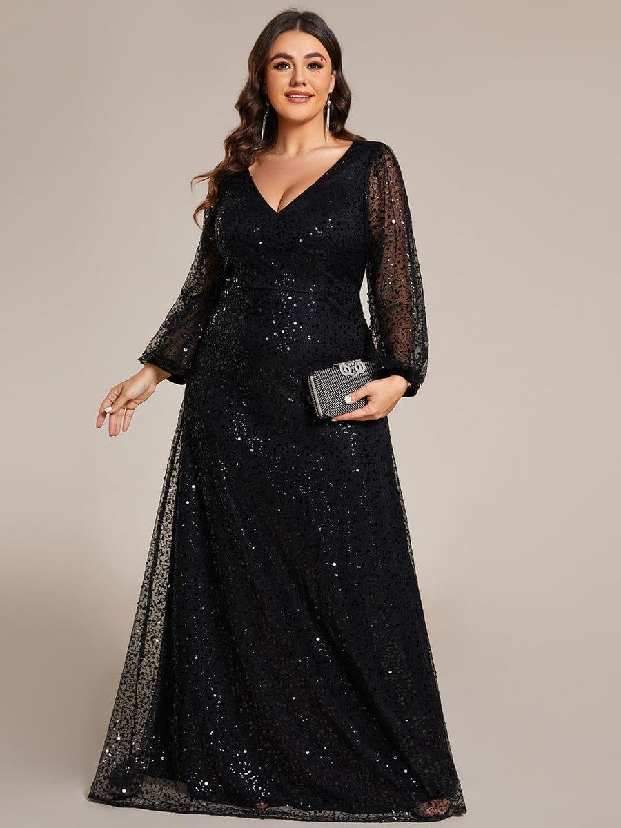 Plus Size V-Neck Sequin Evening Dress with Lantern Sleeves