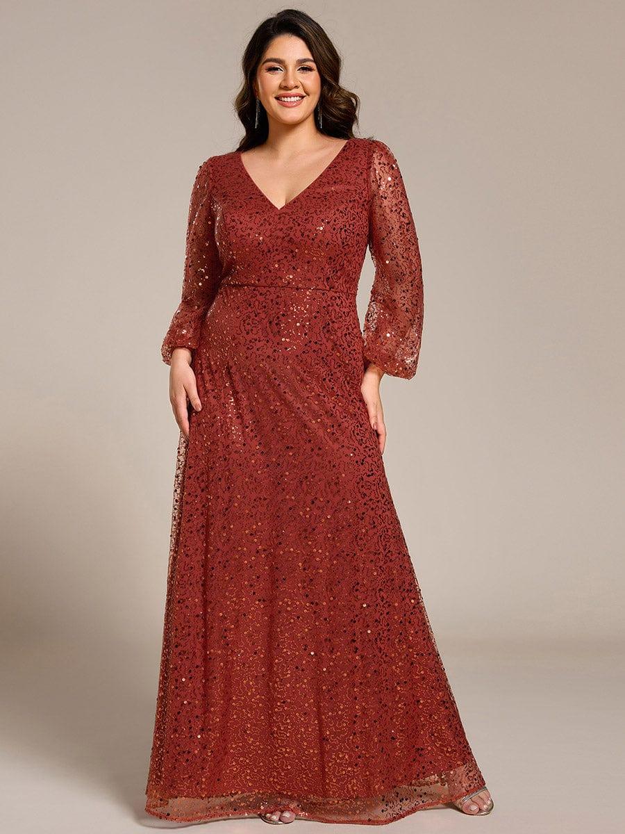 Plus Size V-Neck Sequin Evening Dress with Lantern Sleeves