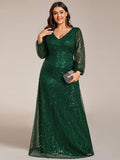 Plus Size V-Neck Sequin Evening Dress with Lantern Sleeves