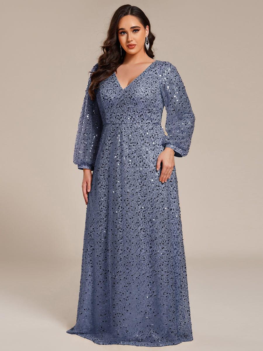 Plus Size V-Neck Sequin Evening Dress with Lantern Sleeves
