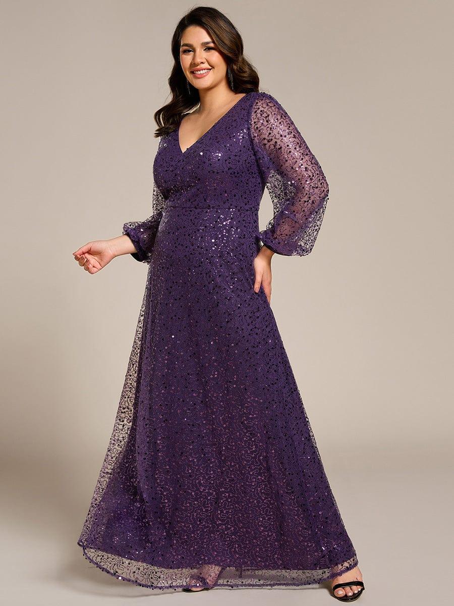 Plus Size V-Neck Sequin Evening Dress with Lantern Sleeves