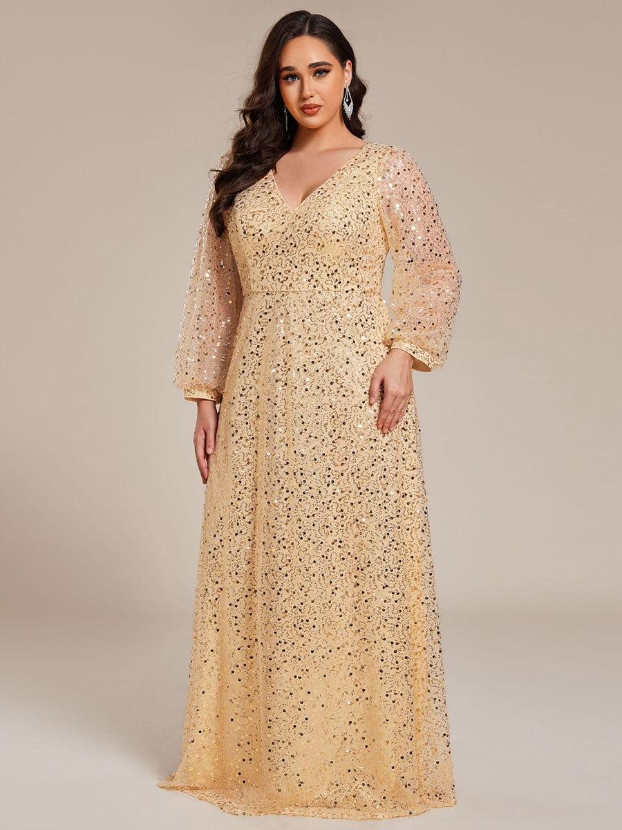 Plus Size V-Neck Sequin Evening Dress with Lantern Sleeves