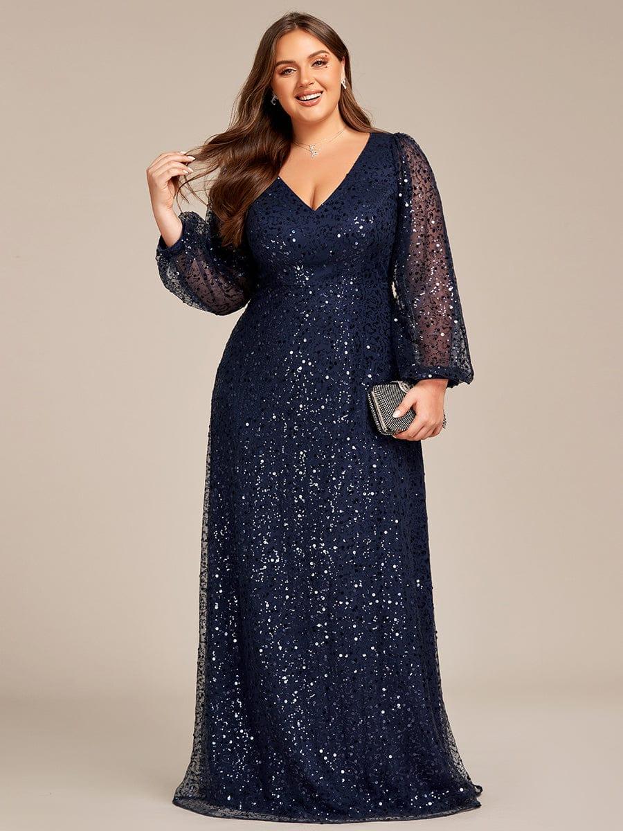 Plus Size V-Neck Sequin Evening Dress with Lantern Sleeves