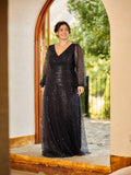 Plus Size V-Neck Sequin Evening Dress with Lantern Sleeves