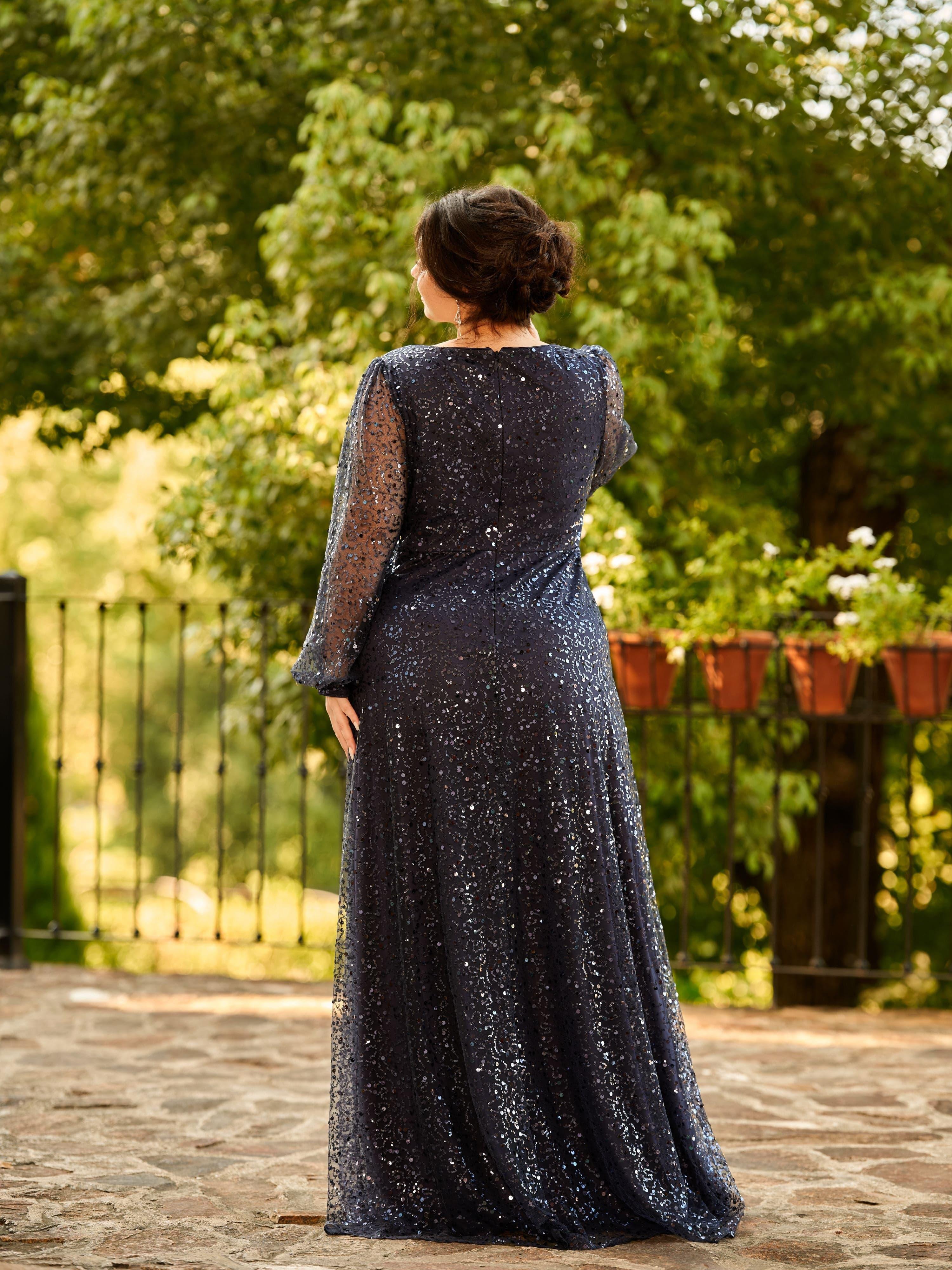 Plus Size V-Neck Sequin Evening Dress with Lantern Sleeves