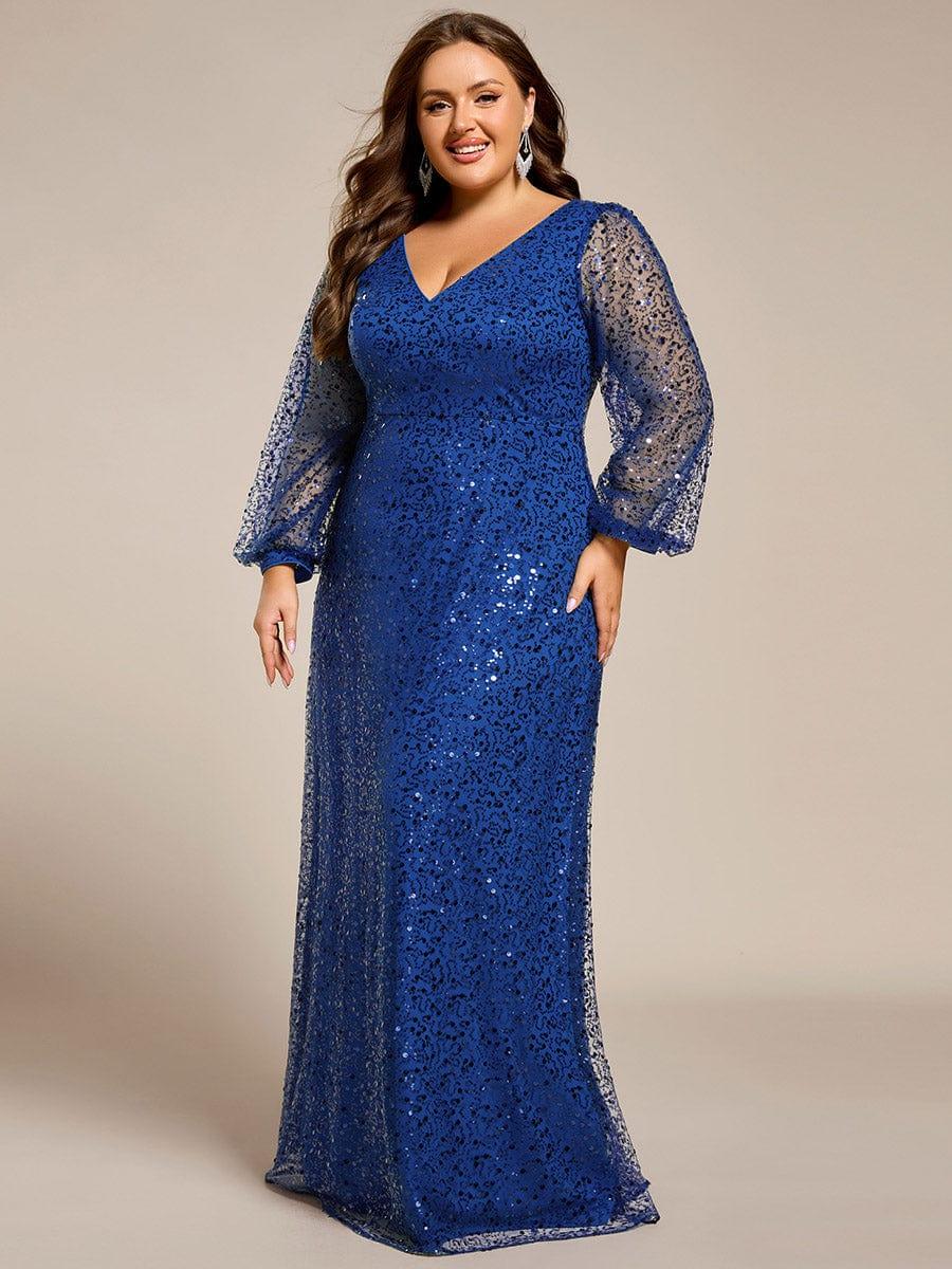 Plus Size V-Neck Sequin Evening Dress with Lantern Sleeves