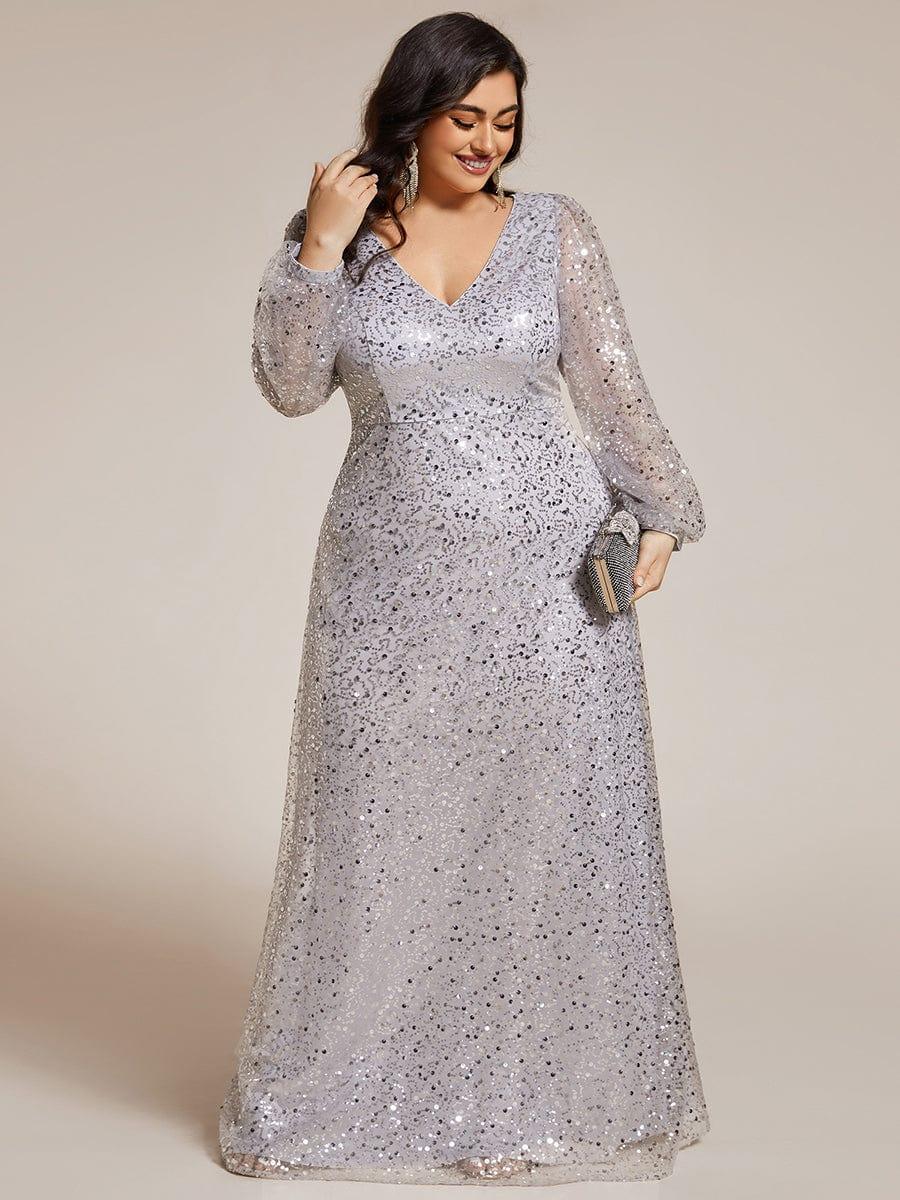 Plus Size V-Neck Sequin Evening Dress with Lantern Sleeves