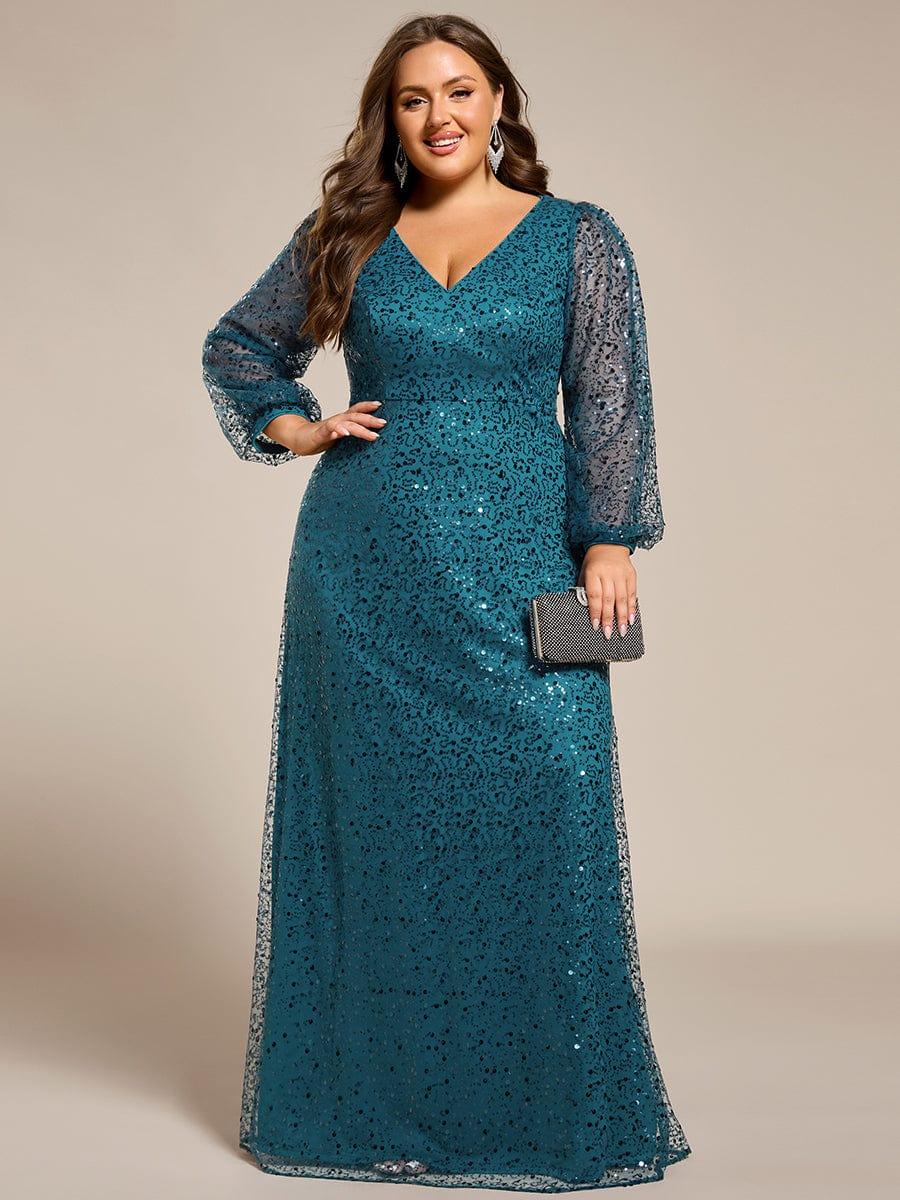 Plus Size V-Neck Sequin Evening Dress with Lantern Sleeves