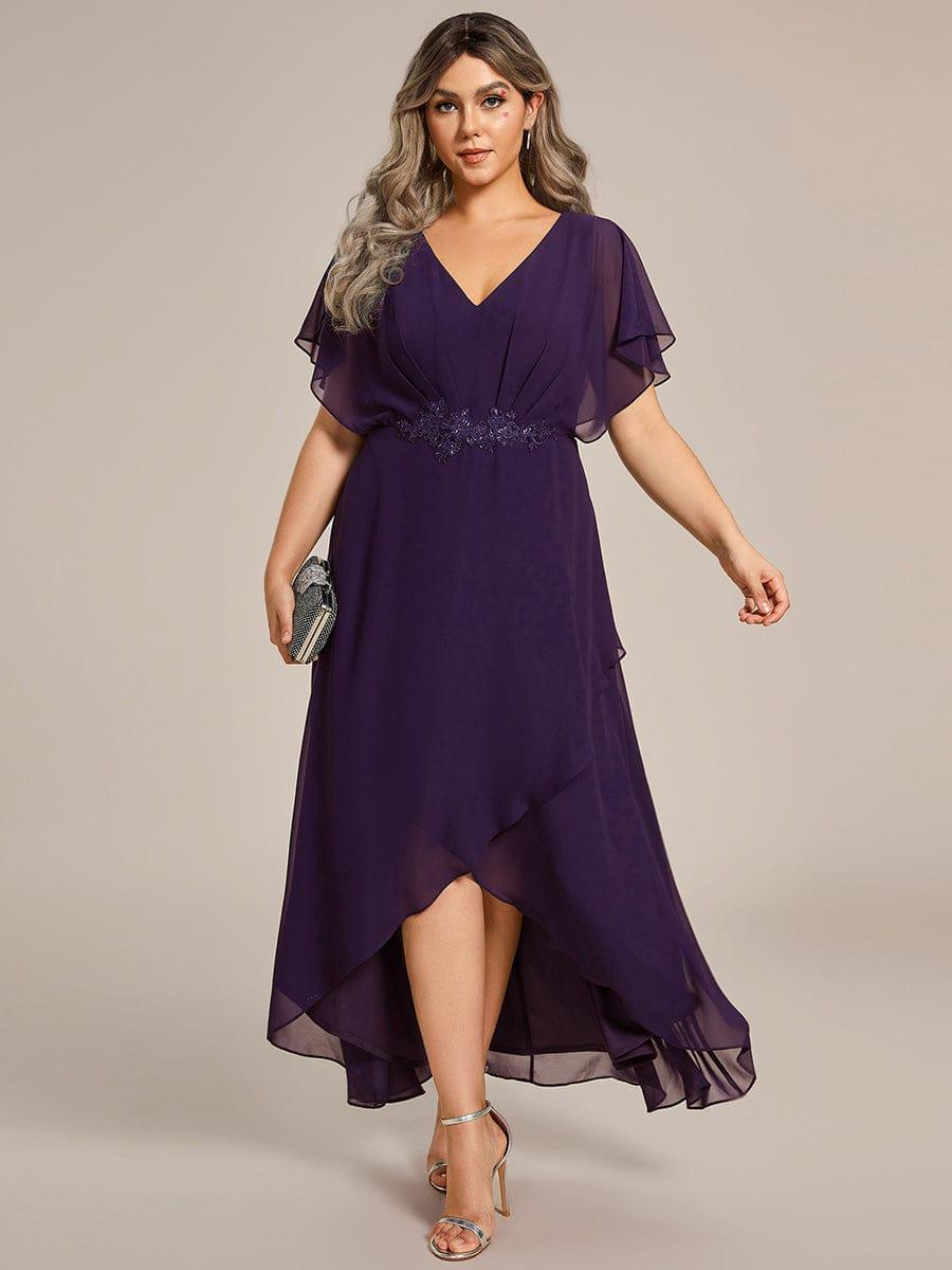Plus Size V-Neck Applique Formal Dress with Flutter Sleeves