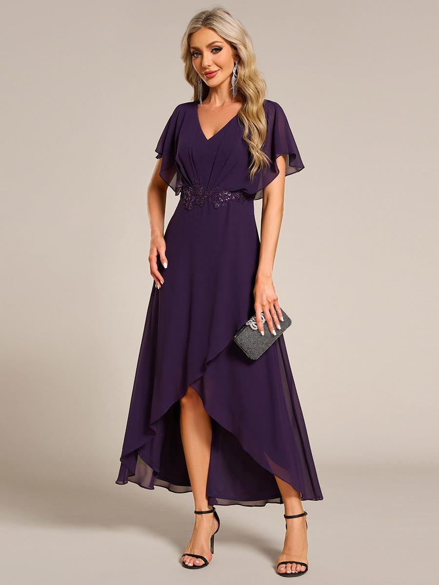 Charming V-Neck Waist Applique Formal Dress with Flutter Sleeves