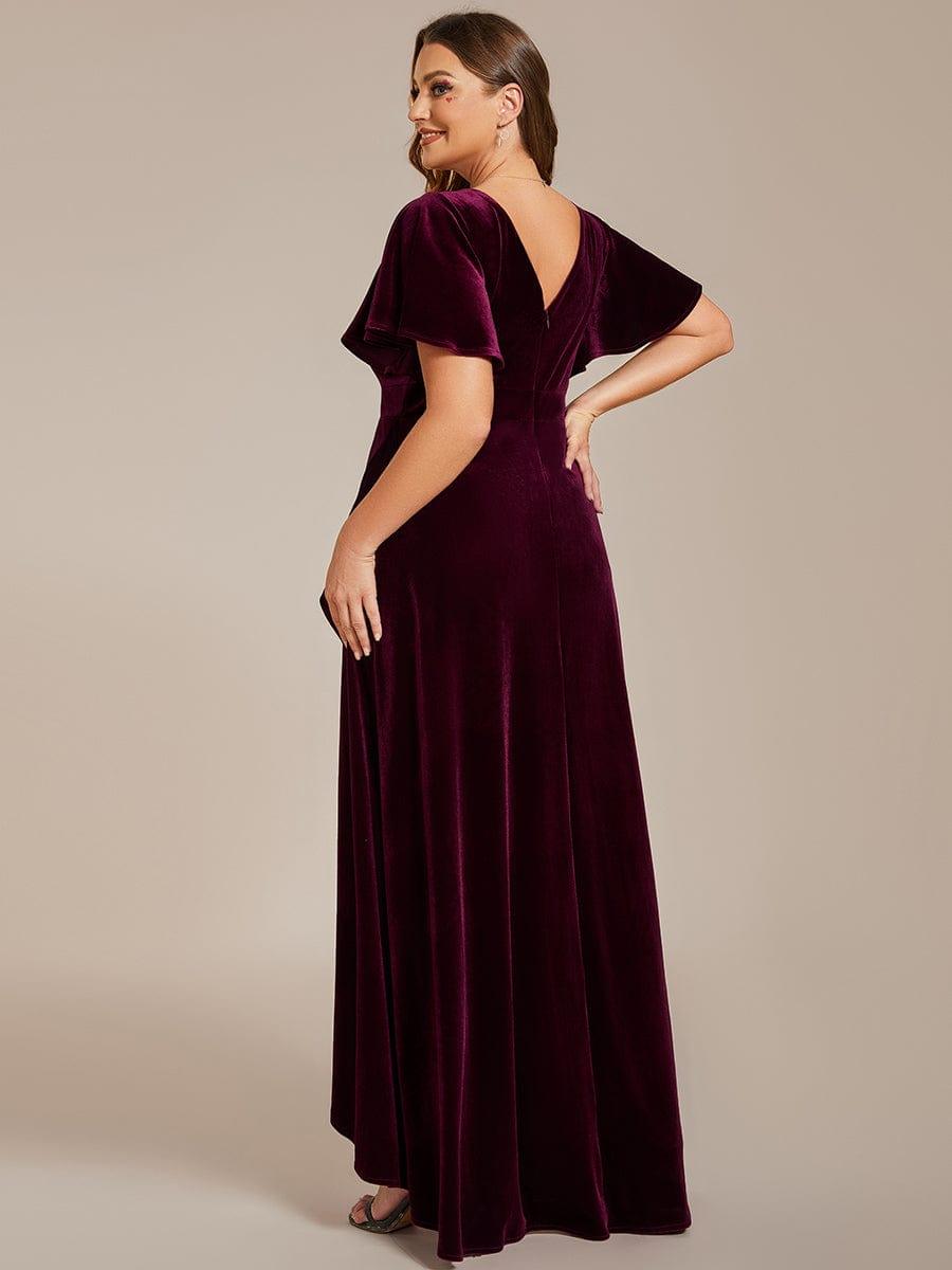 V-Neck Short Sleeves Velvet Evening Dress with Ruffle Hem