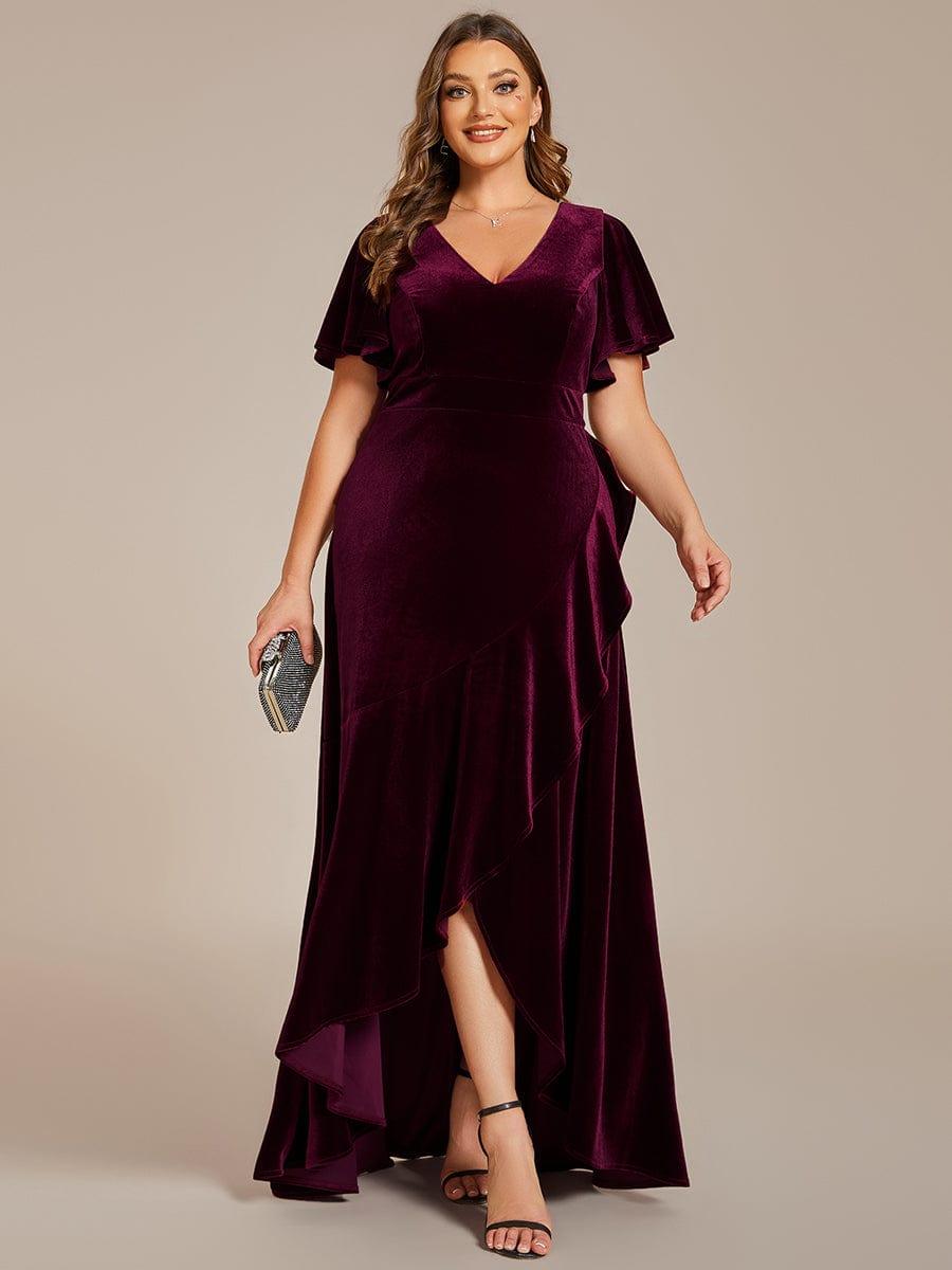V-Neck Short Sleeves Velvet Evening Dress with Ruffle Hem