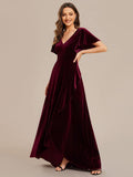 V-Neck Short Sleeves Velvet Evening Dress with Ruffle Hem