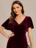 V-Neck Short Sleeves Velvet Evening Dress with Ruffle Hem
