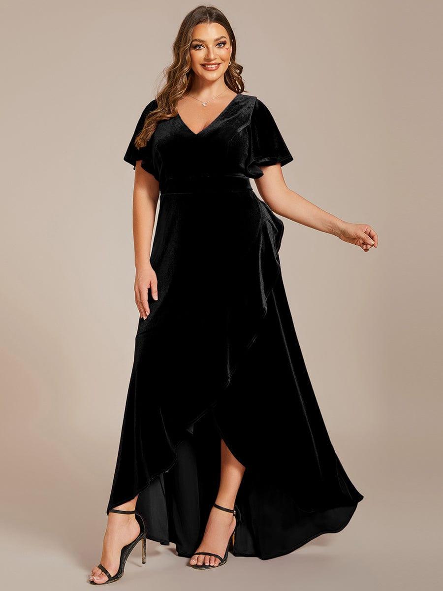 V-Neck Short Sleeves Velvet Evening Dress with Ruffle Hem