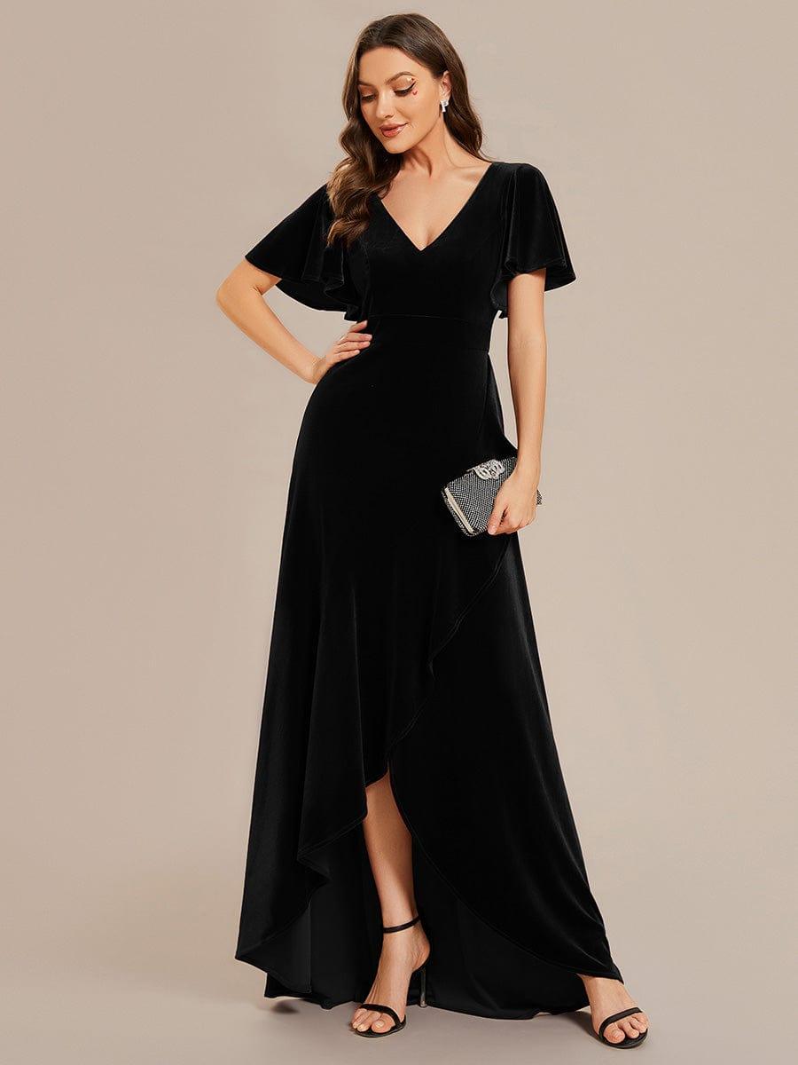 V-Neck Short Sleeves Velvet Evening Dress with Ruffle Hem
