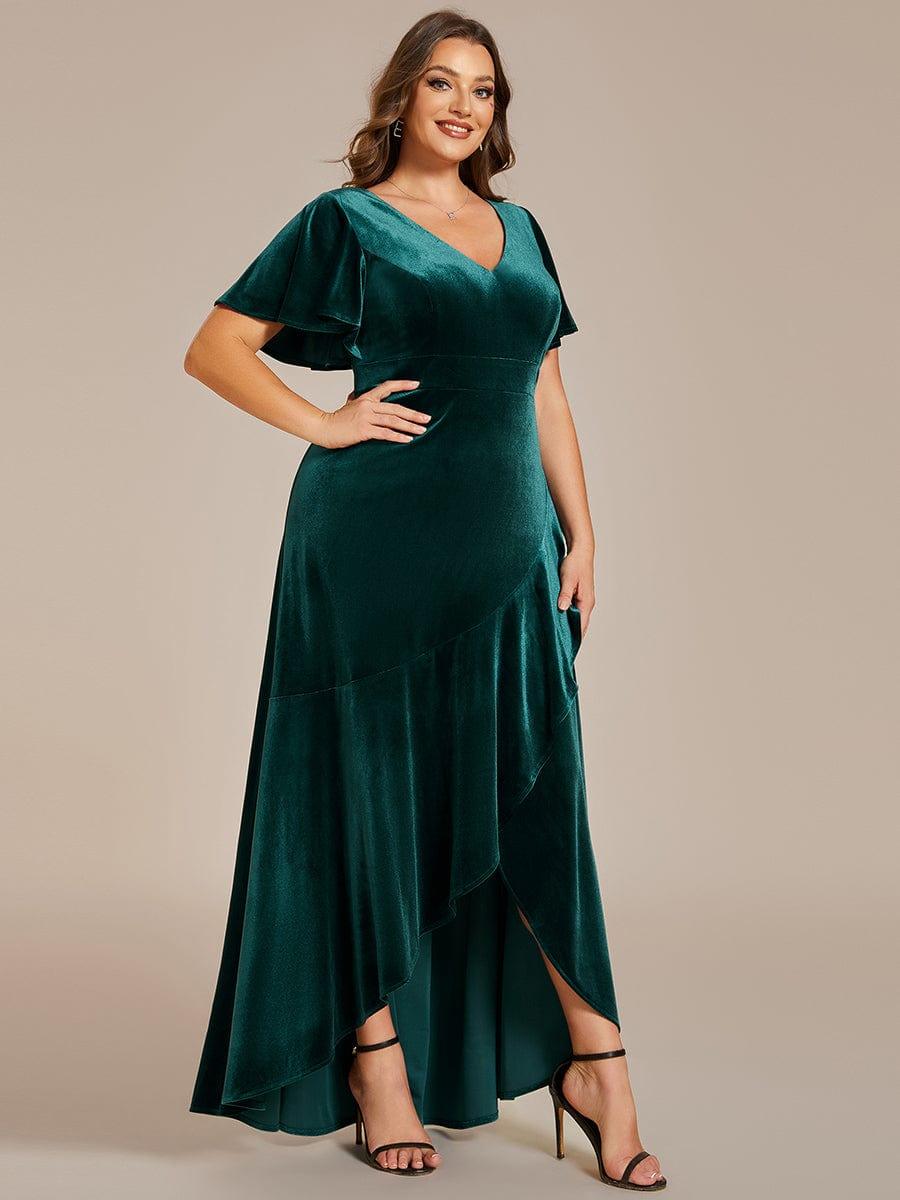 Plus Size V-Neck Short Sleeves Ruffle Velvet Evening Dress