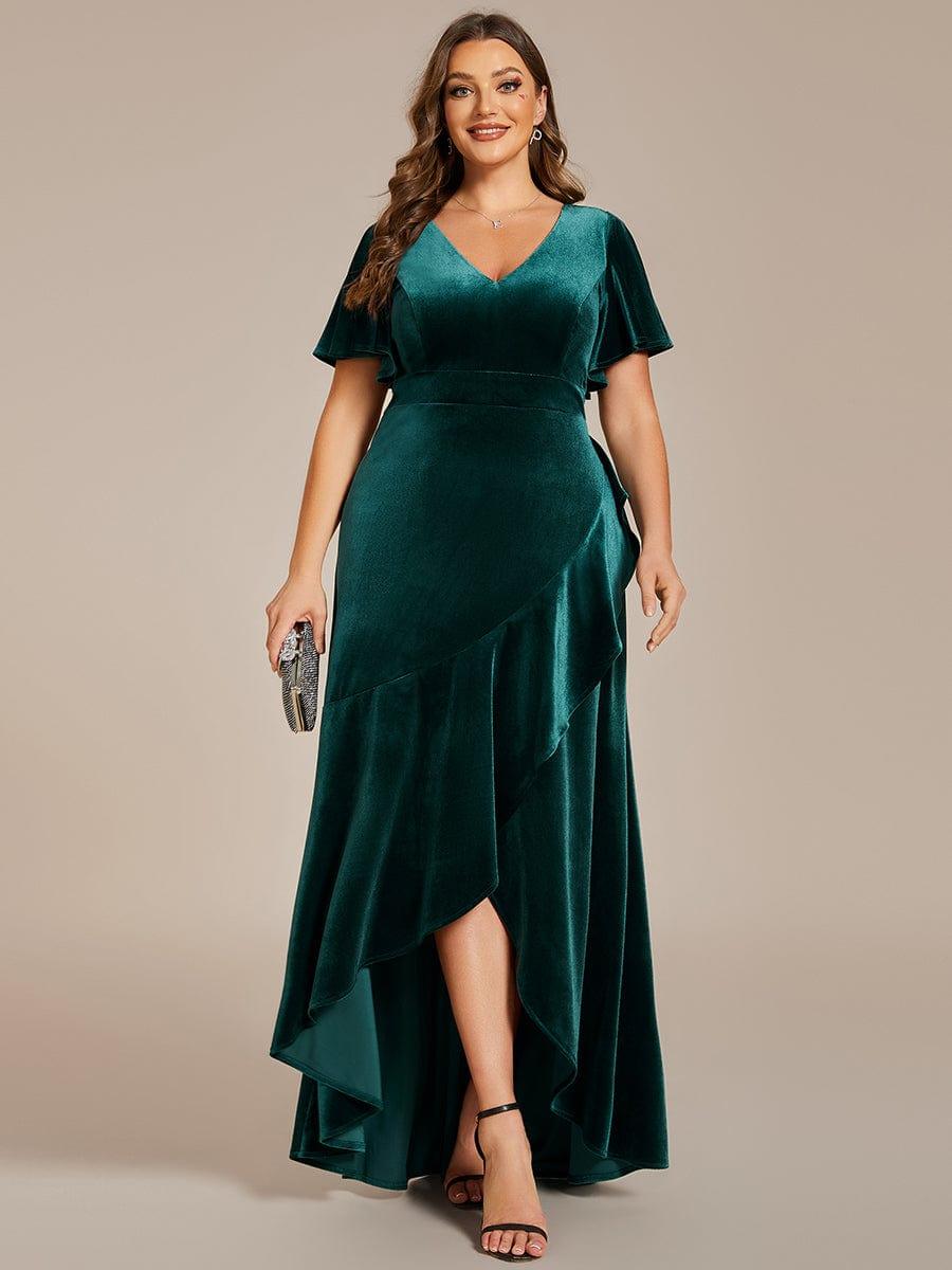 Plus Size V-Neck Short Sleeves Ruffle Velvet Evening Dress