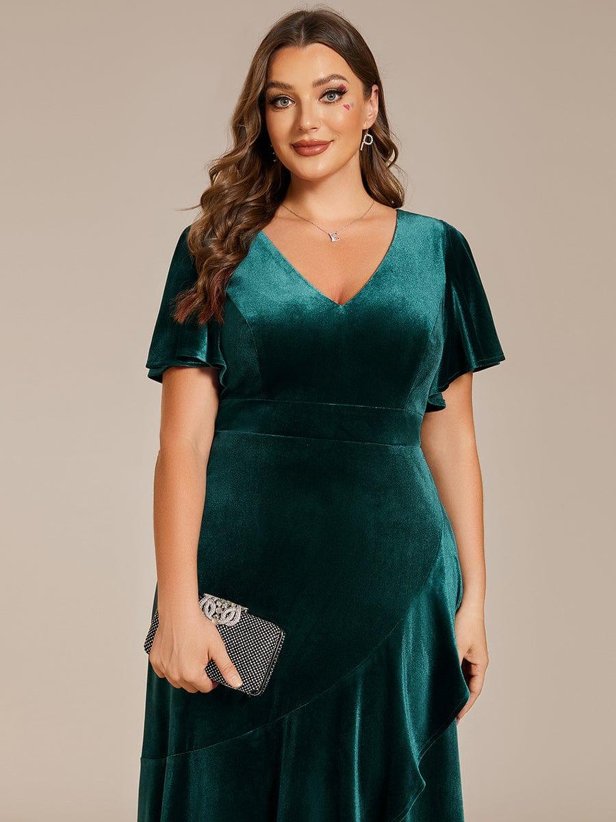 Plus Size V-Neck Short Sleeves Ruffle Velvet Evening Dress