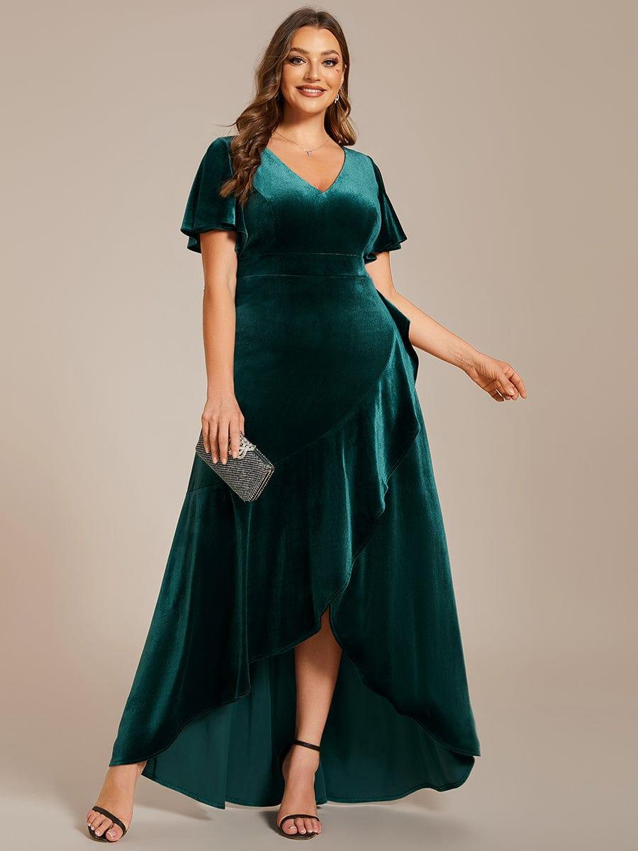 Plus Size V-Neck Short Sleeves Ruffle Velvet Evening Dress